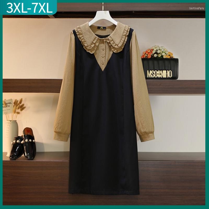 

Casual Dresses 2023 Spring Autumn Plus Size French Style Dress For Women Large Loose Long Sleeve Black Midi 3XL 4XL 5XL 6XL 7XL