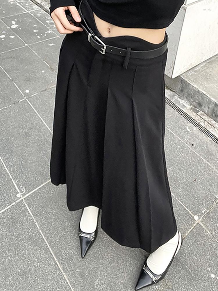 

Skirts 2023 Dark Pleated Gothic Korean Fashion Midi Skrits Grunge Harajuku Irregular Waist Long Skirt With Belt Women Black Streetwear