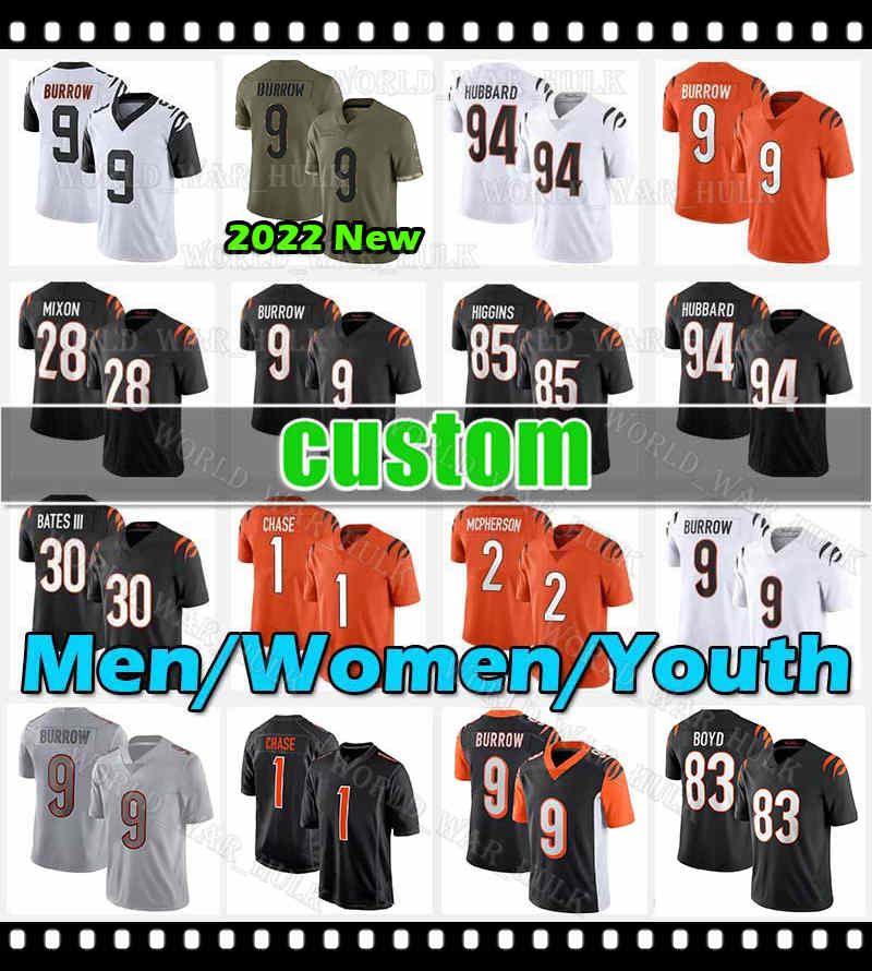 

CUSTOM 9 Joe Burrow Football Jersey 1 JaMarr Chase Tee Higgins Evan McPherson Mixon Sam Hubbard Jessie Bates Logan Wilson Cincinnatis Bengal, Youth new custom (m h)+patch
