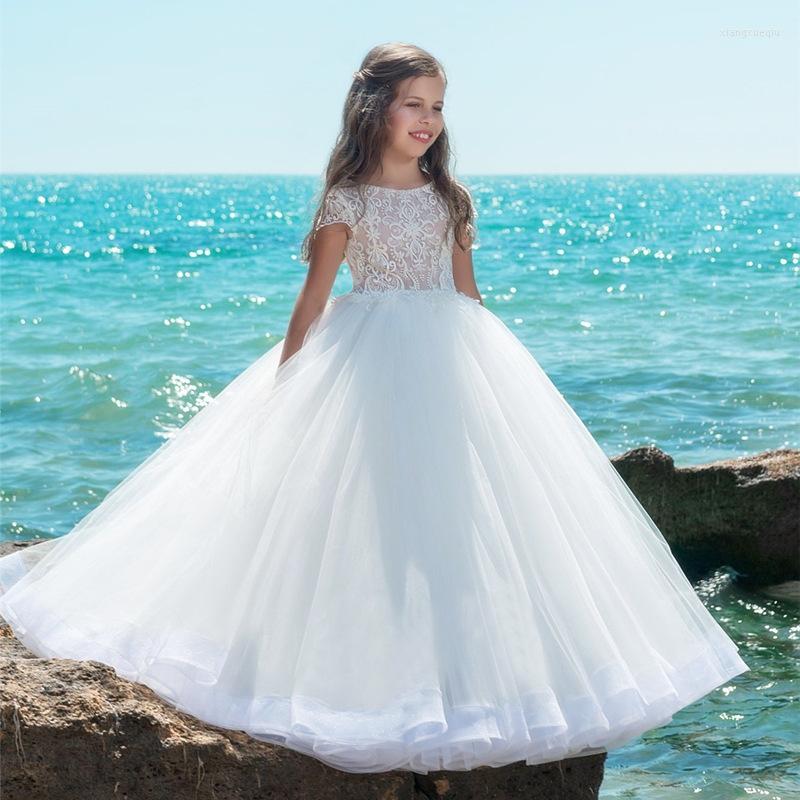 

Girl Dresses Flower Lace Applique Sleeveless Tulle Wedding Cute Princess Communion Pageant Kids Gowns, Blue