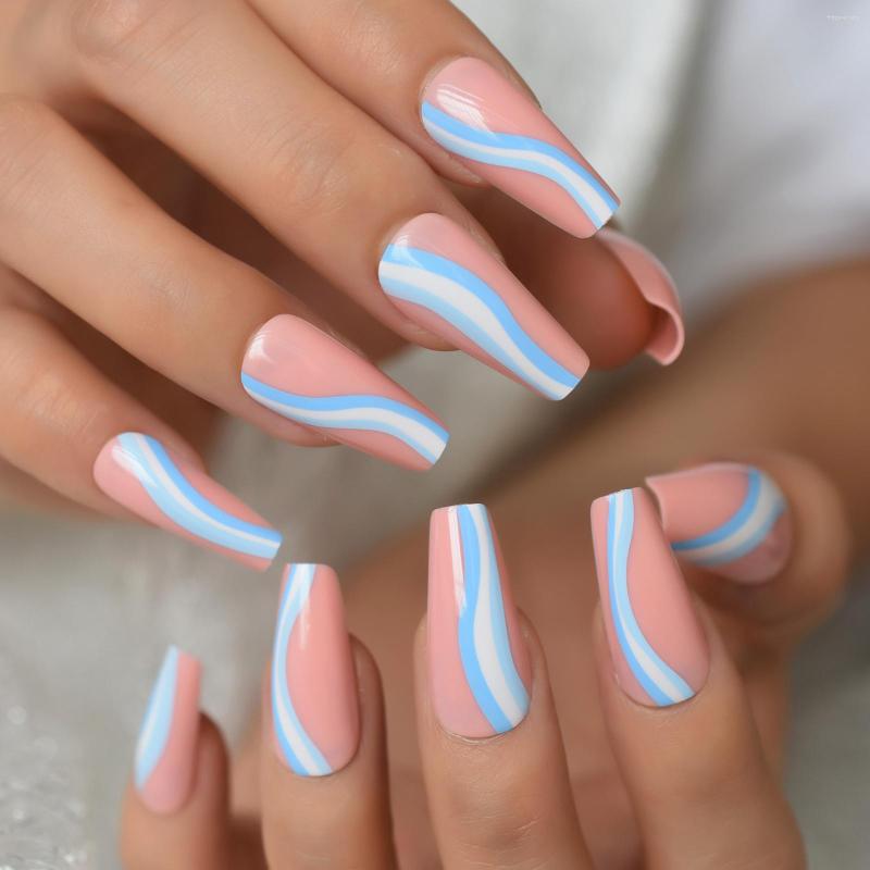 

False Nails 24pcs Midi Long Fake Designer Ripple Tortuous Lines Press On Coffin Pink Glossy Thick Tips, L5929