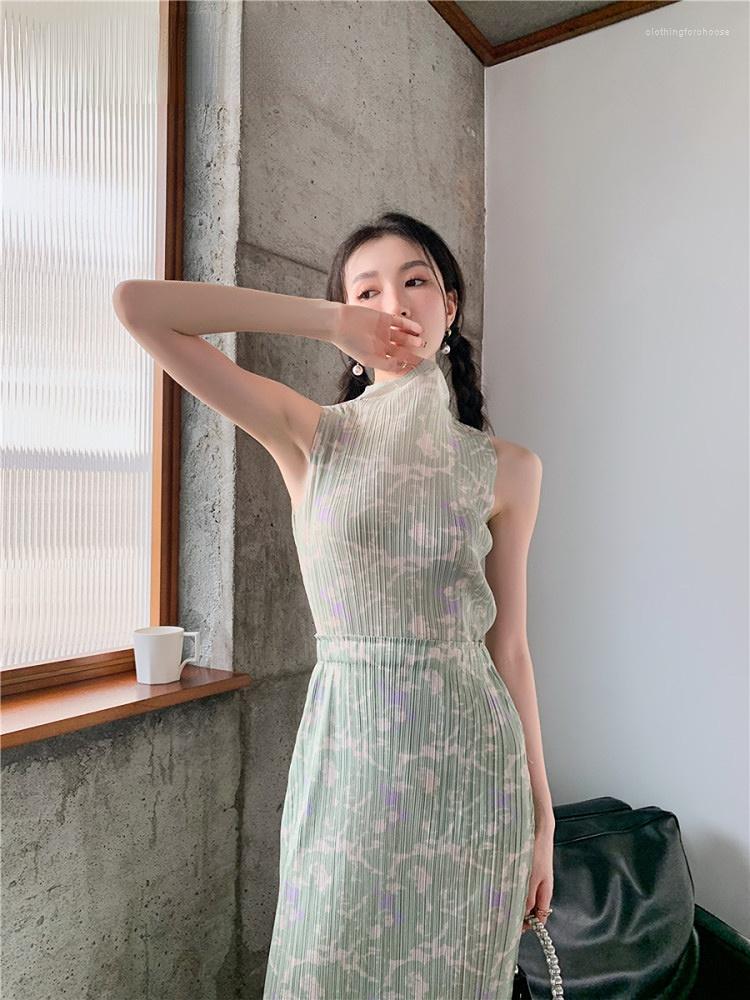 

Skirts Miyake Pleated For Women 2023 Summer Outfits Green Floral High Waisted Long Midi Skirt Japanese Fashion Bottoms, Blouse