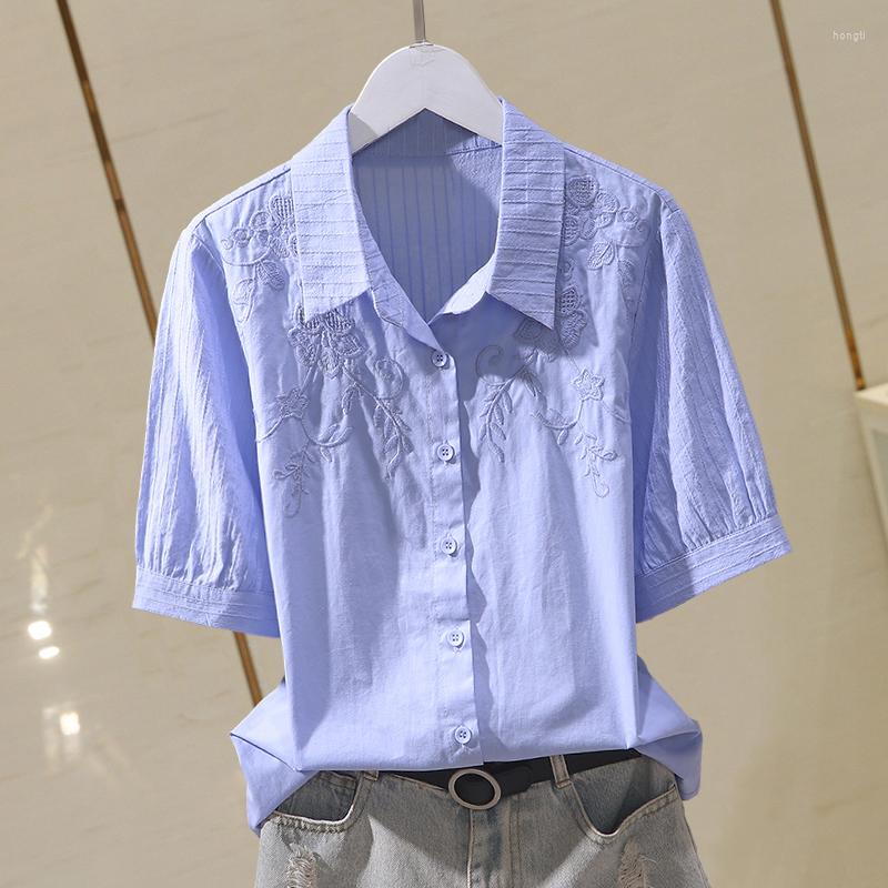 

Women' Blouses Cotton Women Shirts Summer Solid Embroidery Loose Turn-Down Collar Patchwork Straight Casual Female Outwear Tops, White