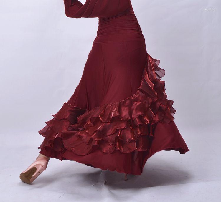 

Stage Wear Black Ballroom Dance Costume Senior Sexy Spandex Big Skirts For Women Competition Skirt 2 Colors, Dark red