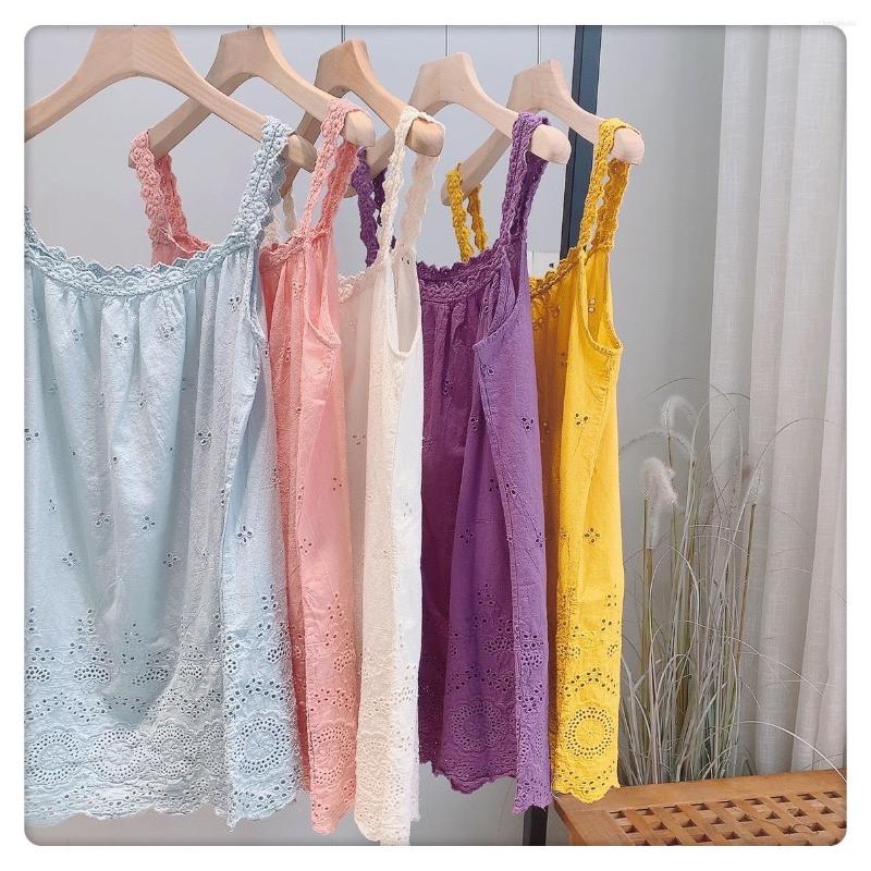 

Women's Tanks 2023 Summer Japan Style Fresh Hollow Flower Embroidery Loose Vest Women's Cotton And Linen Sling Tops, Beige