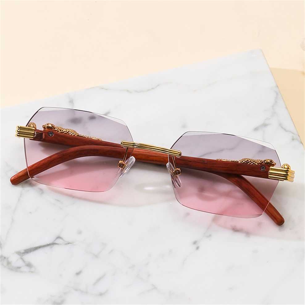 

Sunglasses 2023 new 8059 square cut rimless Women's fashion imitation wood grain mirror leg leopard decorative sunglasses