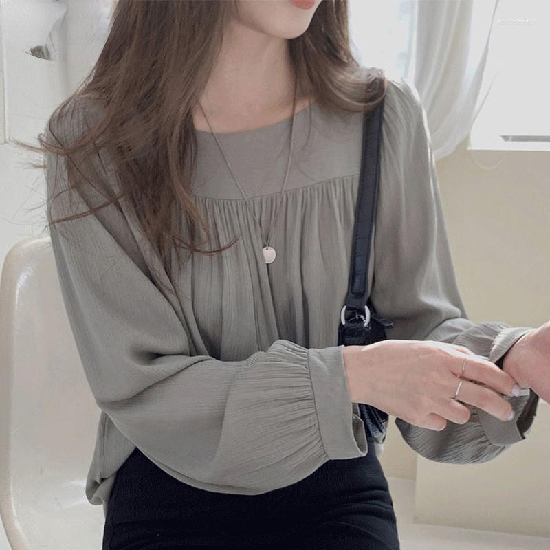 

Women' Blouses 2023 Women Tops Square Collar Clothes Autumn Long Sleeve Loose Shirt Chiffon Apricot Blouse, Beige