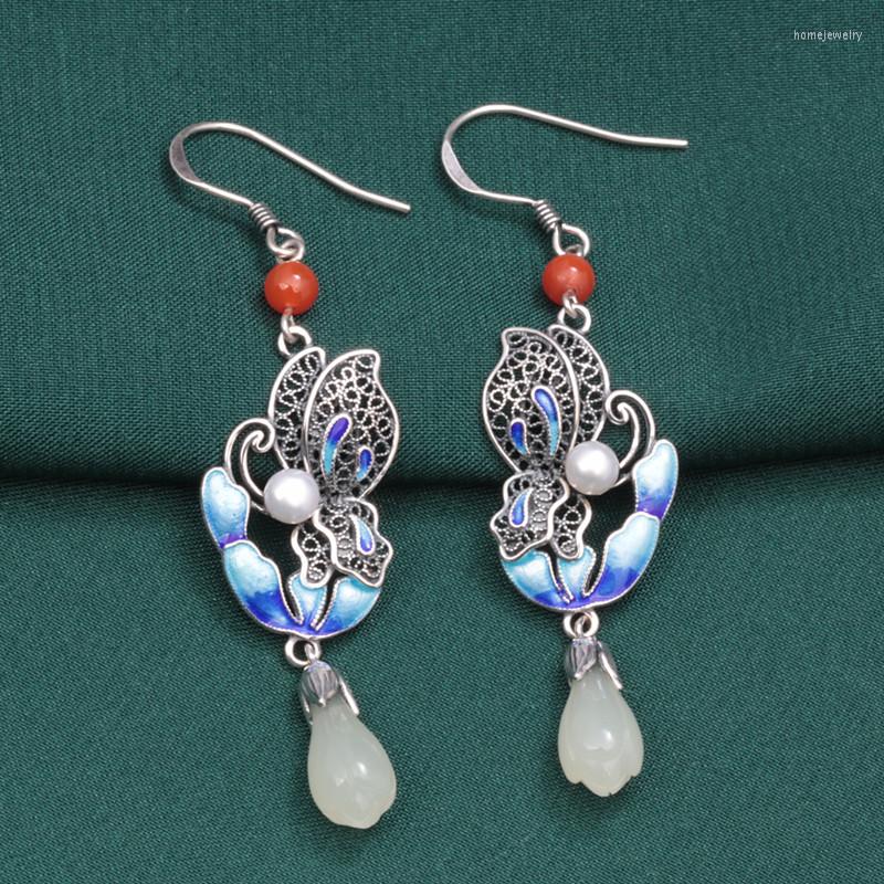 

Dangle Earrings 925 Sterling Silver Enamel Butterfly Jade Flower Bud For Women Retro Ethnic Style Long Hanging Jewelry EH153