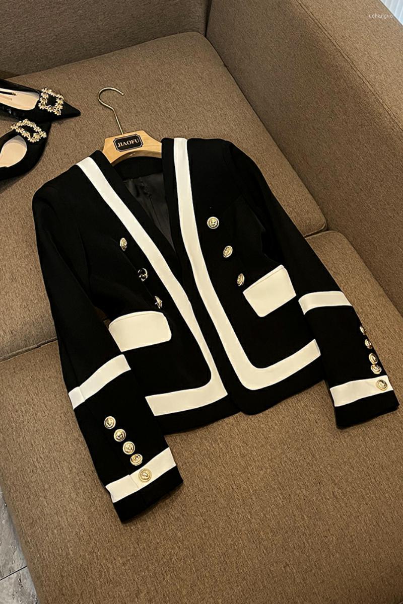 

Women' Jackets Retro Black White Color Block Fine Workmanship Buttons Women Casual Office Wear Short Jacket