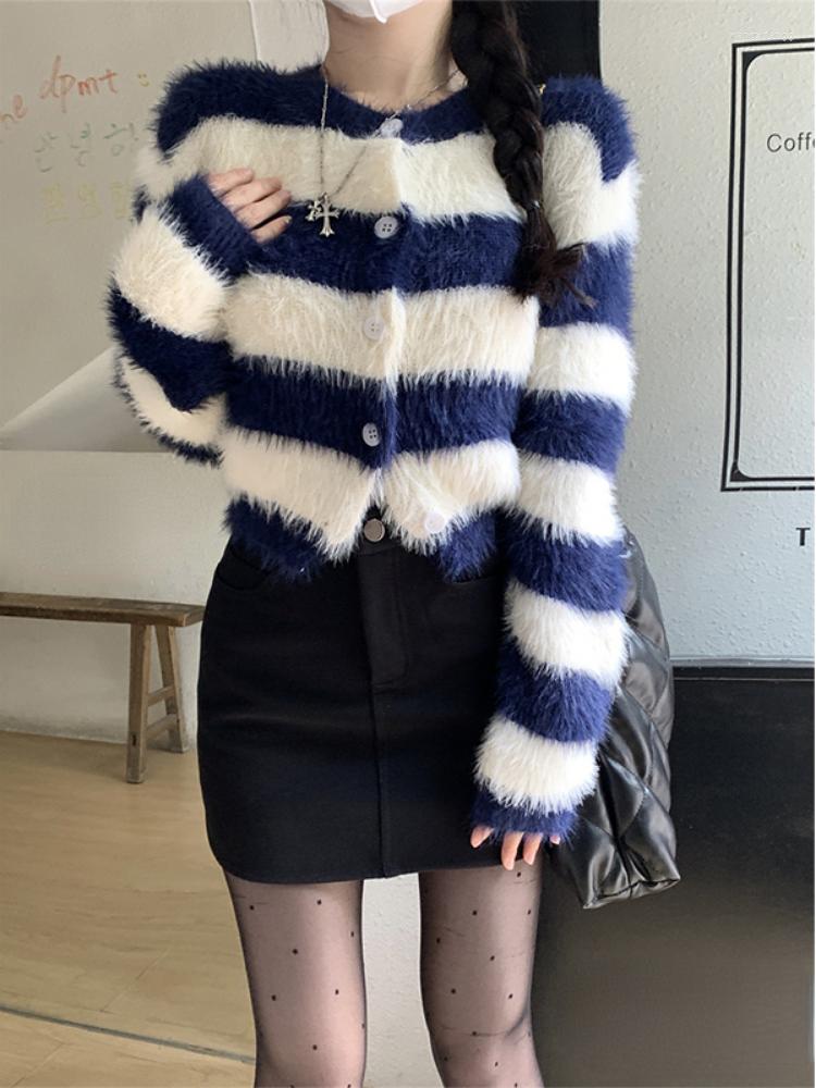 

Women's Knits Y2k Aesthetic Long Sleeve Cropped Cardigan Women Korean Fashion 2023 Autumn Vintage Striped Sweater Coat Harajuku Knitted, As photo