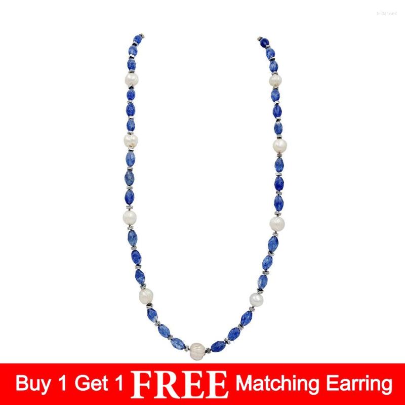 

Chains LiiJi Unique 11-12mm Freshwater Pearl Hematite Blue Crystal Long Necklace 80cm