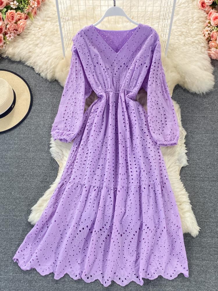 

Casual Dresses ZCWXM Elegant Long Dress Summer Women Party V-neck Hollow Out Embroidery Puff Sleeve Robe Korean Slim Big Swing, Green