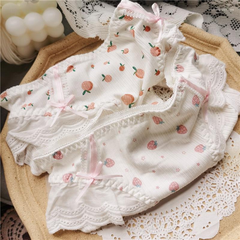 

Women's Panties Fruit Print Cotton Lace Cute Women's Traceless Bow Strawberry Underwear Low Waist Breathable Seamless Briefs Lingerie, Cherry