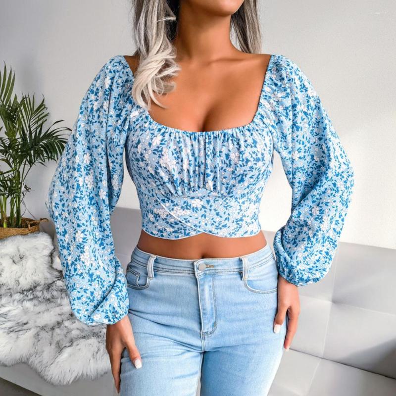 

Women' Blouses Chic Holiday Blouse Thin Square Collar Lantern Sleeve Crop Top Elastic Hem Exposed Navel Party Streetwear, Blue