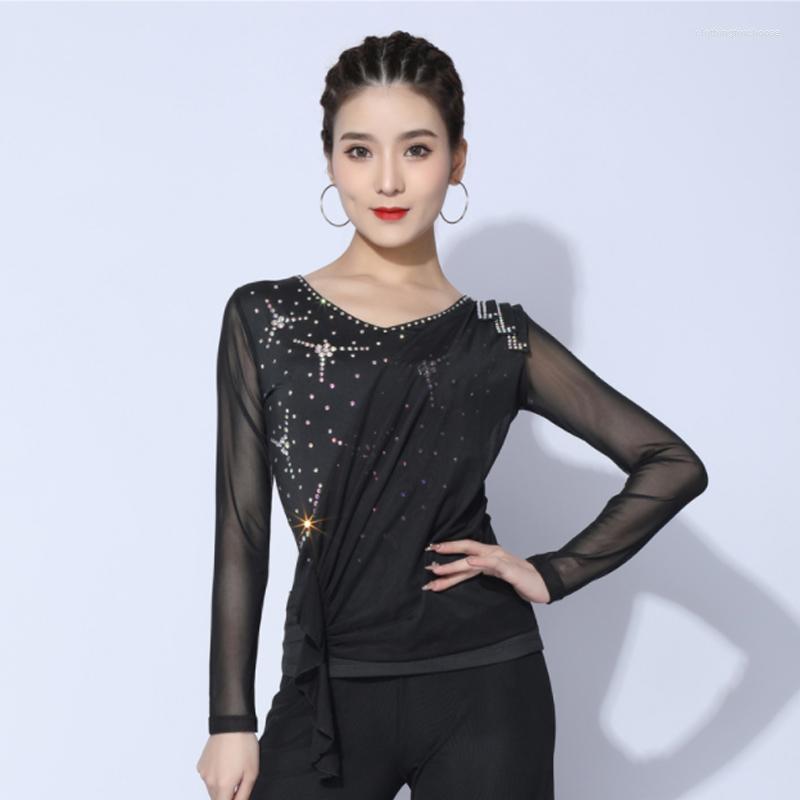 

Stage Wear Latin Dance Tops For Women Long Sleeve Rhinestone ChaCha Practice Rumba Samba Dancing Costume Salsa Dancewear VDB4989, Black