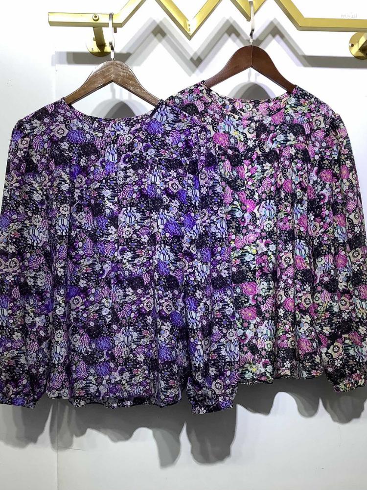 

Women's Blouses 2023 Spring Autumn Silk Floral Print Long Sleeve Round Neck Shirt Top, Purple