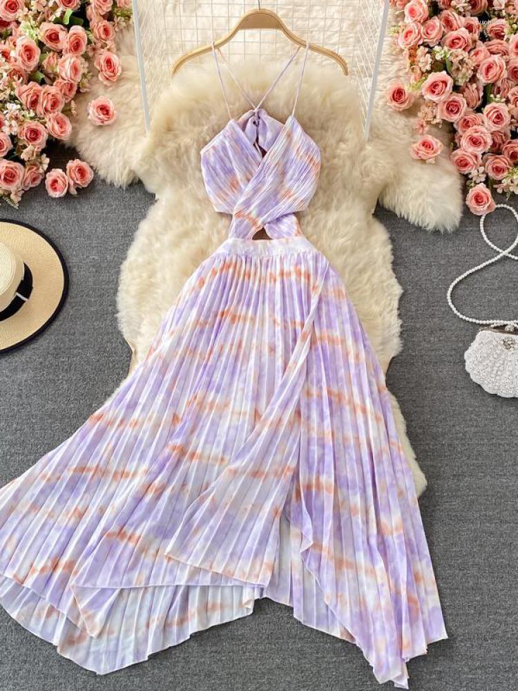 

Casual Dresses ZCWXM Summer Off Shoulder Dress Women Hollow Waist Tie Dyeing Robe Sexy V Neck Spaghetti Strap Pleat Mid-calf Elegant, Sky blue