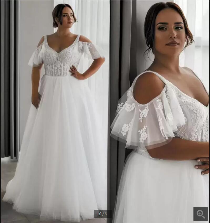 

2023 new Gorgeous Plus Size Wedding Dresses Bridal Gown Lace Applique Sweep Train V Neck Cap Sleeves Off the Shoulder Tulle Beaded Beach Garden vestido de novia, Ivory