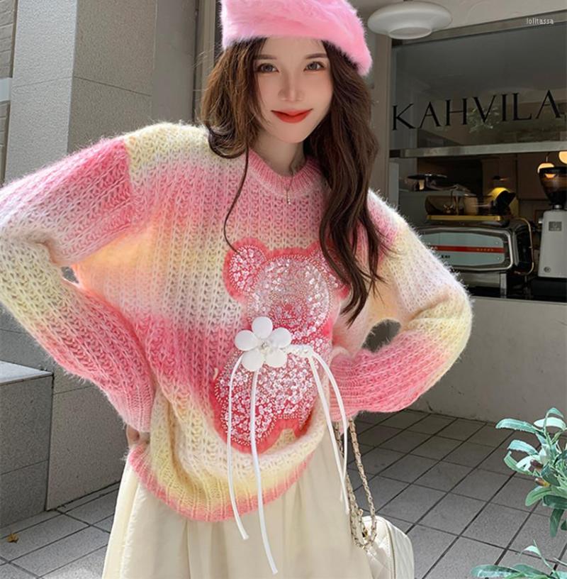 

Women' Sweaters Fashion Design Autumn Floral Sequined Knitted Pullovers Luxury Women O Neck Gradual Change Pink Female Sweet Loose Soft, Army green