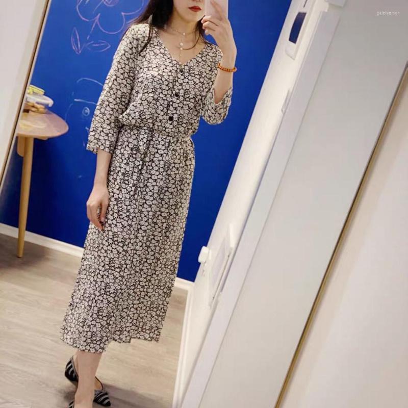 

Party Dresses Women High Quality Viscose V Neckline Floral Printed Midi Long Dress With Half-buttoned Closure & Waist Ties, Multi