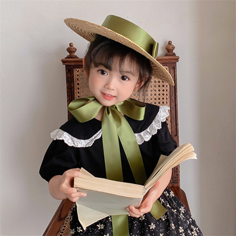 

Caps Hats Fashion Vintage Children Girl Princess Sunhats Flat Top Ribbon Outdoor Beach Holiday Sunprotection Summer Straw Hat Cap for Kids 230313, Green