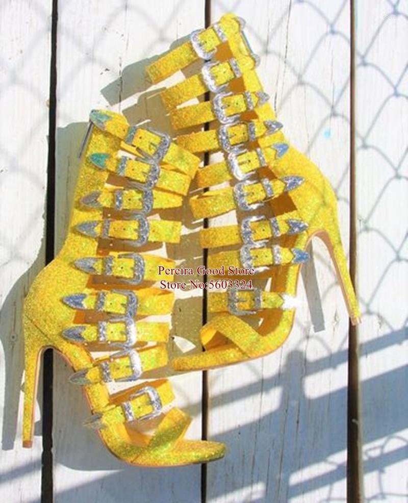 

Dress Shoes Est Wavy Yellow Glitter Strappy Sandals Multi Buckle Strap High Heel Peep Toe Hollow Sequin Cage Gladaitor Heels, Picture shown