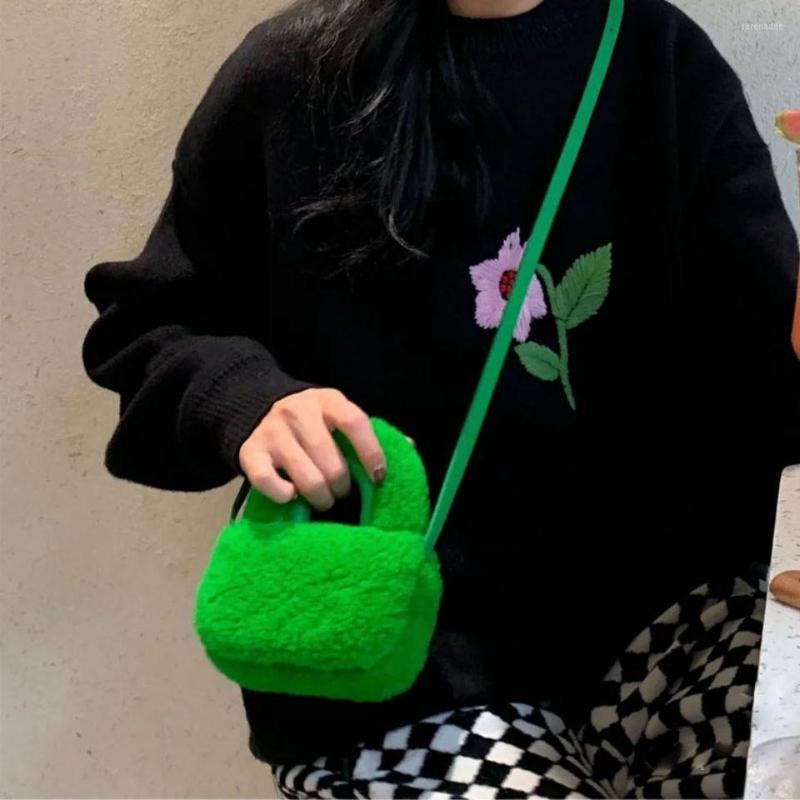 

Evening Bags Lamb Hair Pottery Bag Earphone Niche Mini Handbag Winter Fashion One-shoulder Messenger Plush Girls Cute Tote Fluffy, Green
