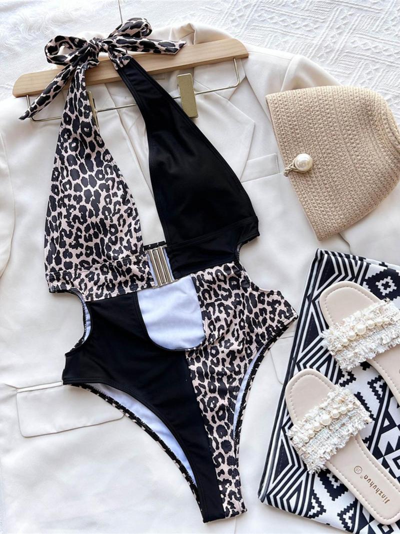 

Women' Swimwear Leopard Printed Splicing Halter Backless Monokini One Piece Swimsuit Women Female Bather Bathing Suit Swim Lady K3641, Black leopard