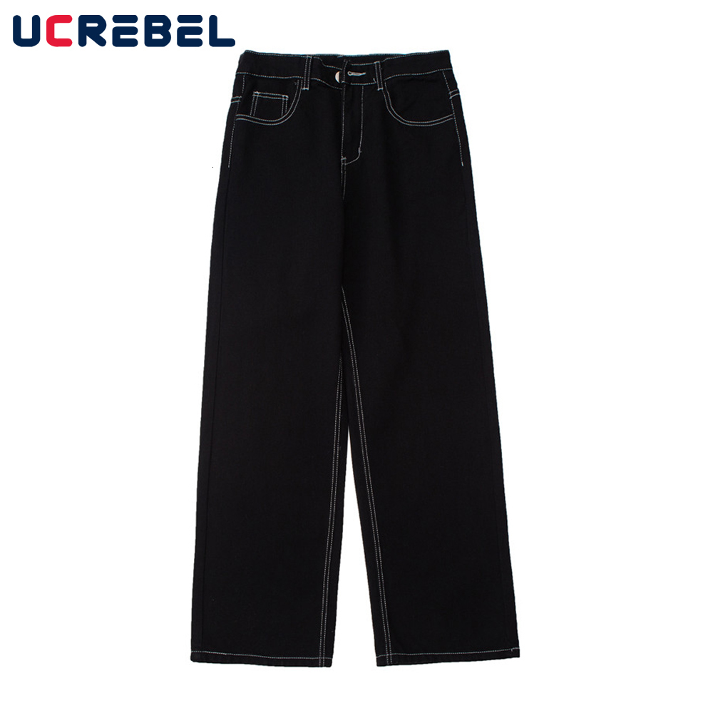 

Men's Jeans Stitch Denim Pants Mens High Street Wide Leg Streetwear Loose Casual Trousers Men 230313, Black