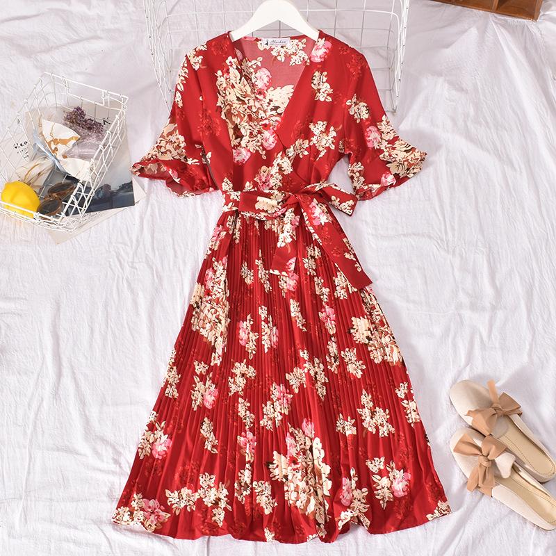 

Casual Dresses Spring Summer Women V-Neck Flare Sleeve Chiffon Dress Vintage Floral Print High Waist Vestidos Female Lace-up Pleated Midi, Black