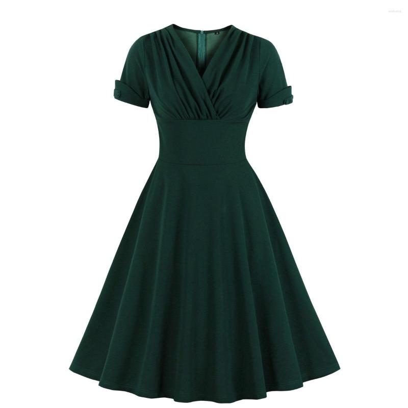 

Party Dresses Elegant Office Lady Dress Green A-line Pleated V-neck Short Sleeve High Waist Retro Rockabilly Swing Summer, Dark green