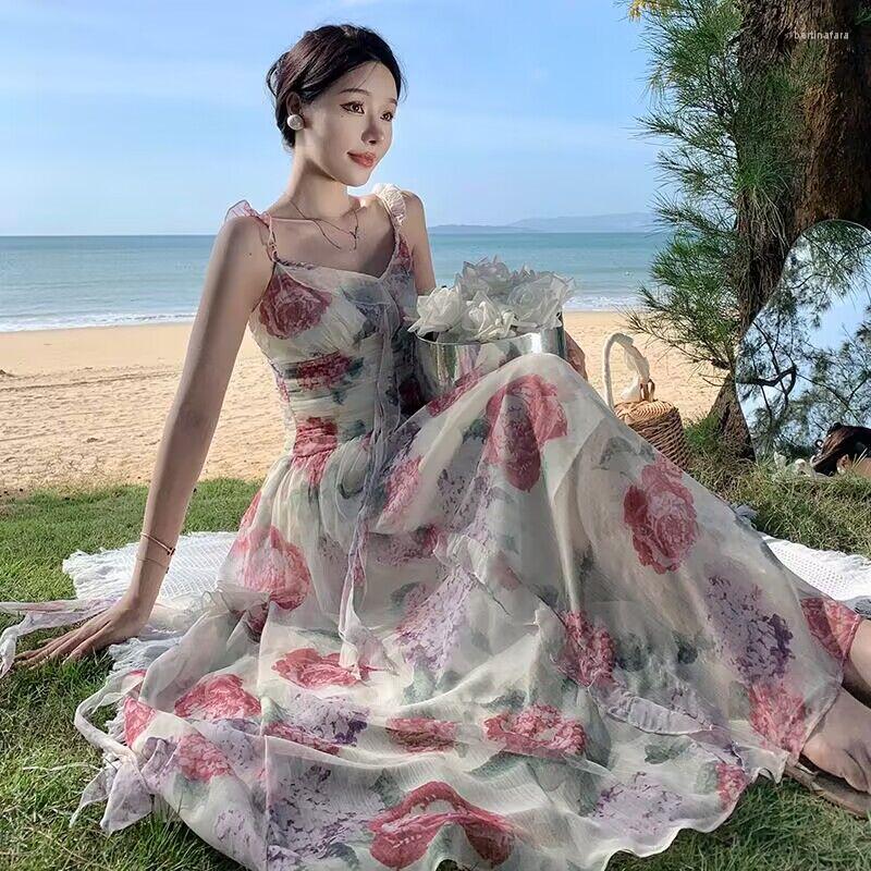 

Casual Dresses LOLIBOOK Vintage Printed V-neck Long Dress Backless Beach Holiday Women Clothing Spaghetti Strap Sleeveless VestidoS, Beige