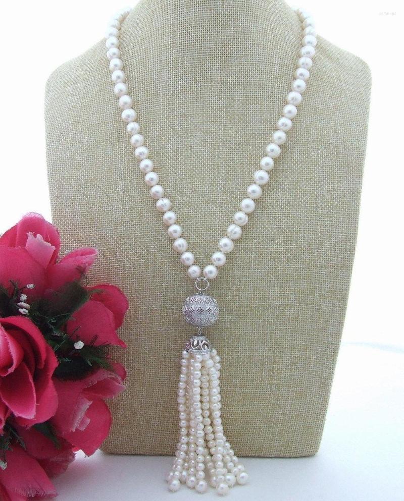 

Chains Hand Knotted 8-9mm White Natural Freshwater Pearl Micro Inlay Zircon Tassel Sweater Chain Necklace Long 57cm Fashion Jewelry