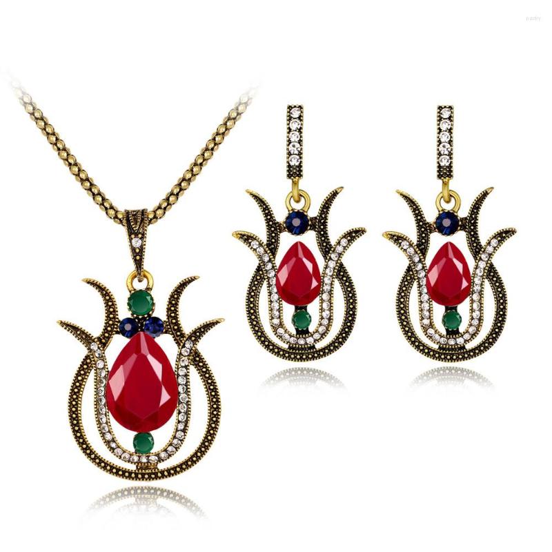 

Necklace Earrings Set Luxury Vintage Wedding Color Gold Turkey Crystal Roses Earring And Pendant For Women Party Gift, Picture shown