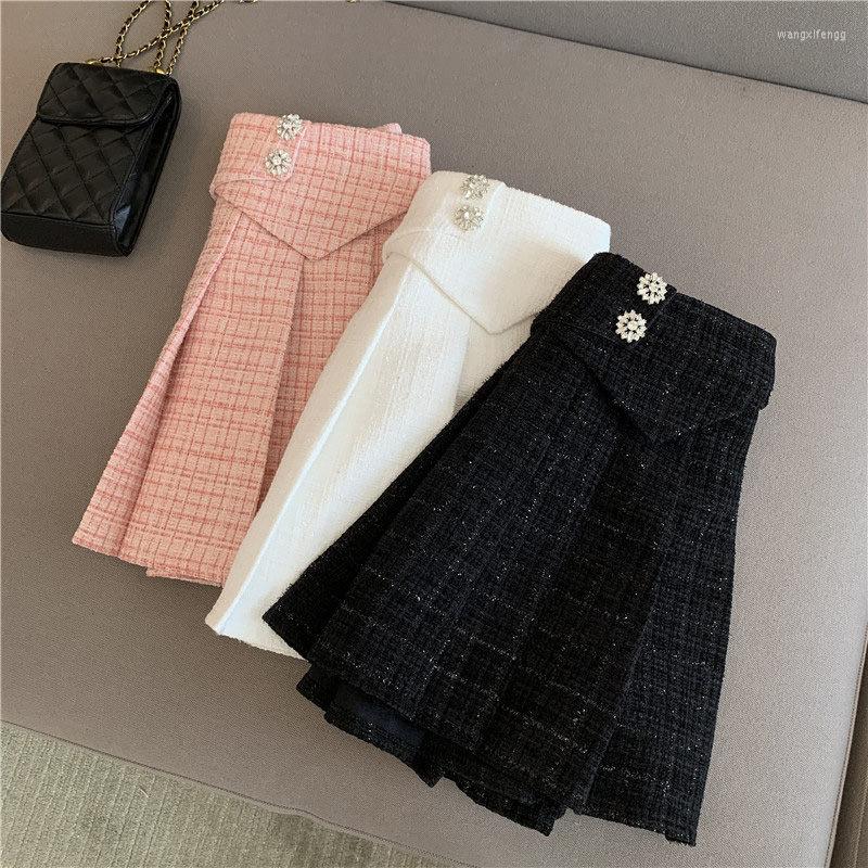 

Skirts Large Size High Waist Skirt Women's Autumn Spring Loose Plaid Mini Tweed Pleated Korean Fashion Saias Femininas M2251, Black