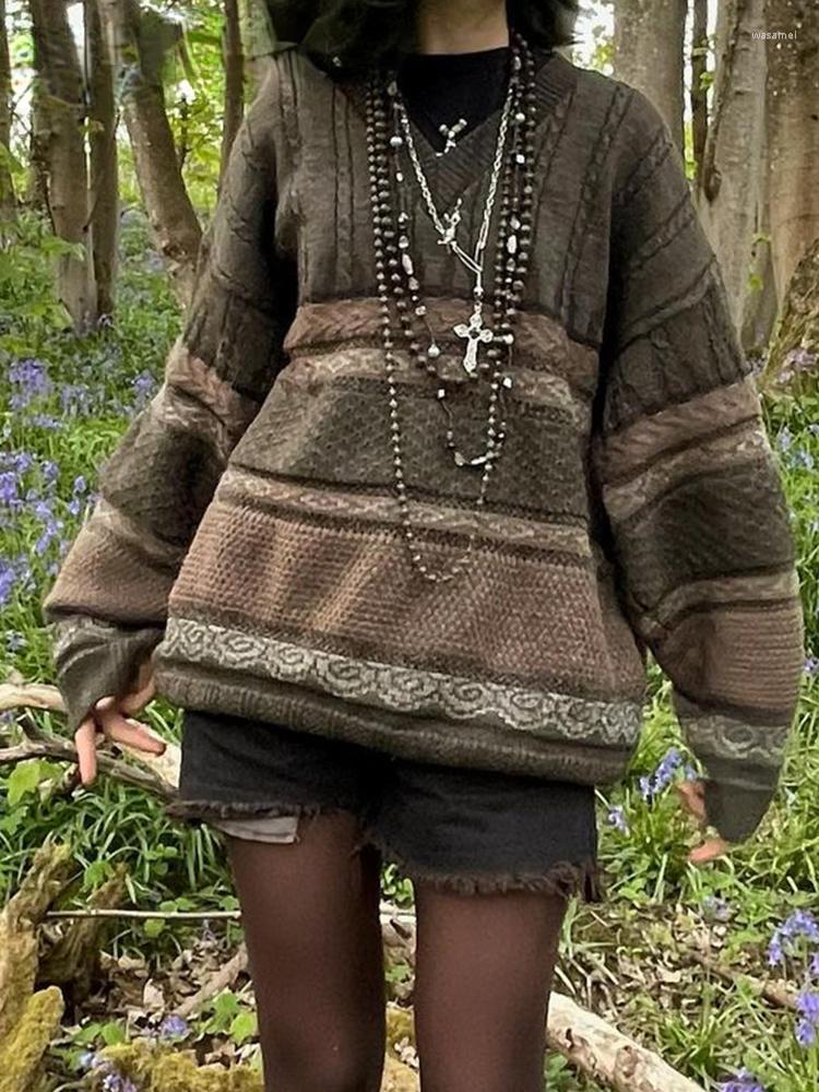 

Women' Sweaters Vintage Fairycore Grunge Knitted Loose Graphic Print Stripes Y2K Aesthetic Casual Autumn