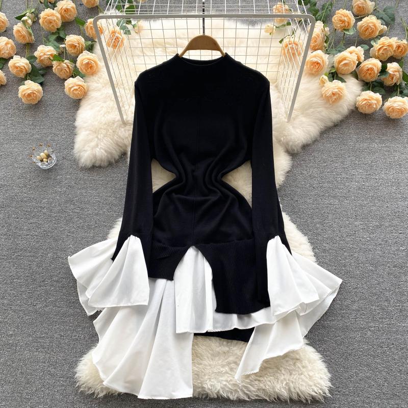 

Casual Dresses ZCWXM Spring Party Woman Night Long Sleeve Knitted Robe Femme O-neck Irregular Patchwork Elegant Sense Sweater, Black
