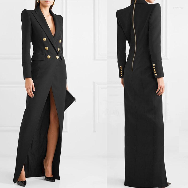 

Casual Dresses Spring Autumn Sexy Double Breasted Suit Dress Ultra Long Women Sleeve Slim, Black
