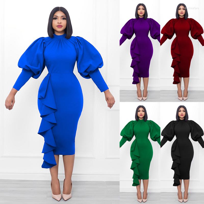 

Casual Dresses European And American Spring Autumn Women' Dress Temperament Elegant Long Sleeve Ruffle Heel Wrapped, Black