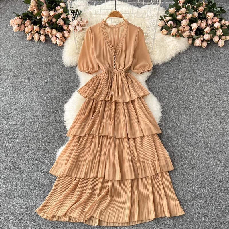 

Casual Dresses ZCWXM Maxi For Women Sweet Ruffled Temperament V-neck Layering Beach Robe Femme Green/Yellow/Black Chiffon Dress, Blue