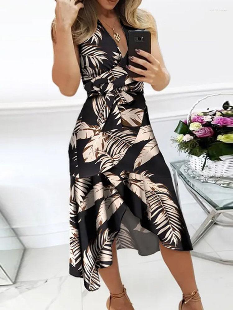 

Casual Dresses Women' Sexy Slim Midi Dress 2023 Summer Elegant Print Irregular Women Fashion Sleeveless V Neck Cross Bandage, Black