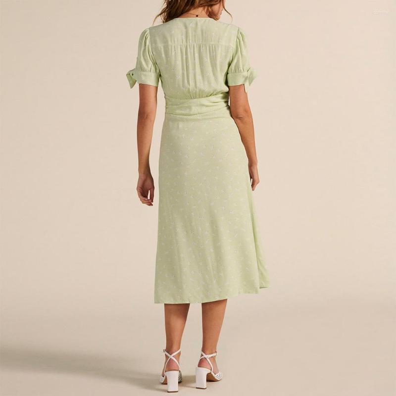 

Party Dresses For Women Summer V Neck Short Sleeve Tie Floral Print Vintage Buttoned Sexy Front Slit Elegant Midi Clothes, Yellow