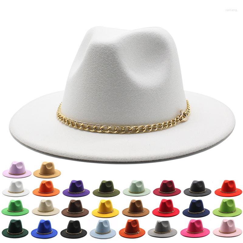 

Berets 2023 Big Brim Hat Flat Top Fedora Autumn Winter Men And Women Chain Woolen Jazz Fashion Panama