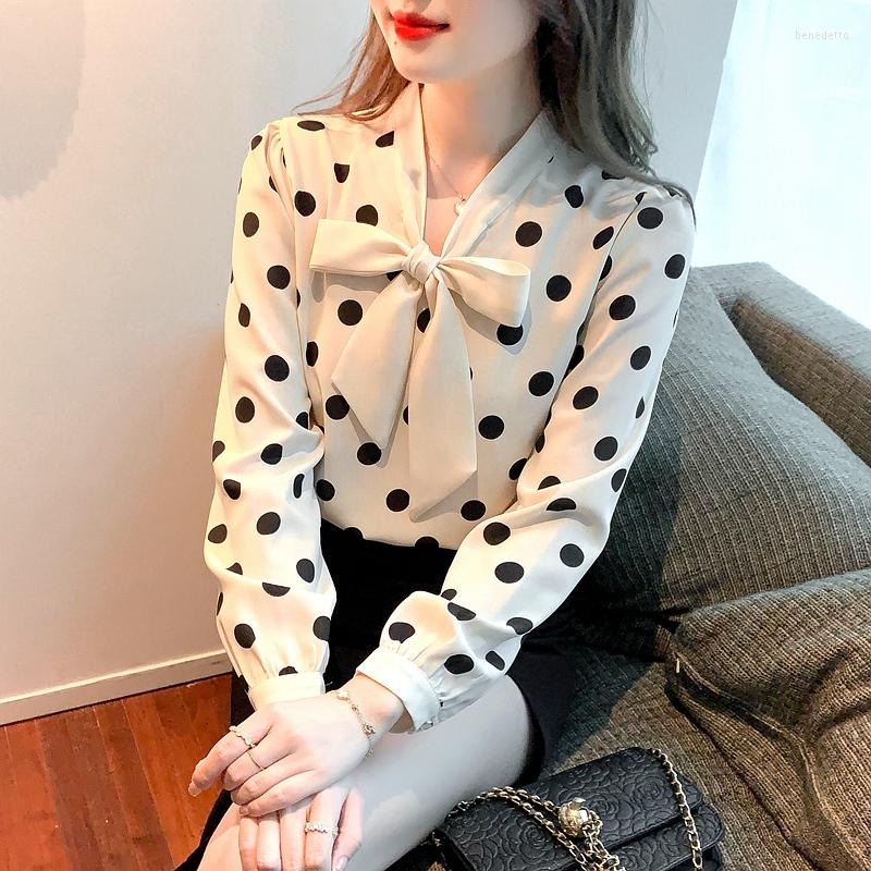

Women' Blouses French Commuter Ribbon Collar Wave Point Chiffon Shirt Women 2023 Versatile Bow Long Sleeve Shirts, Apricot