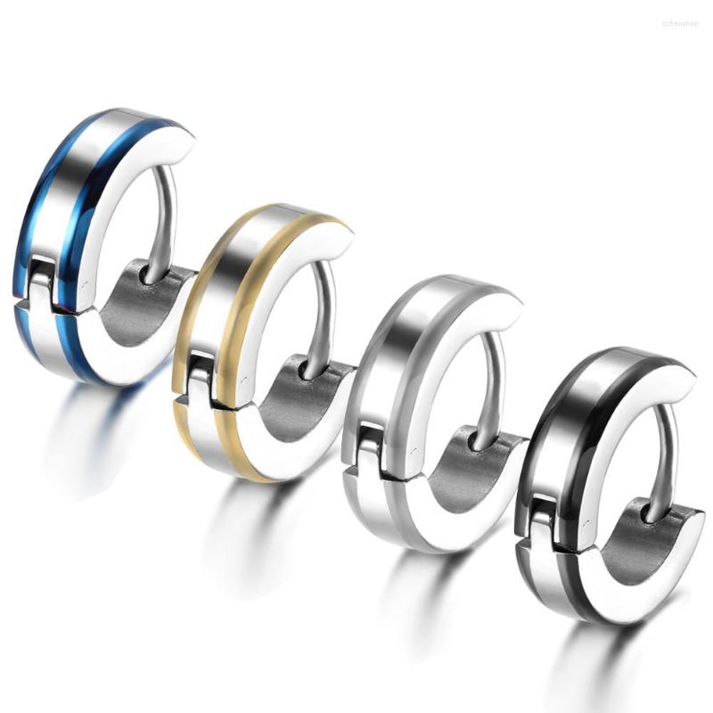 

Hoop Earrings 2023 Men's Stainless Steel Small Huggie Striped Unique Polished Silver Color Blue/Gold/Black Selection 12mm