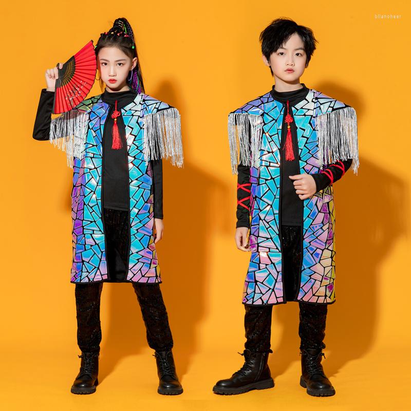 

Stage Wear Laser Mirror Costume For Kids Catwalk Show Clothing Fringe Cloak Girls Jazz Hip Hop Dance Clothes Boys Concert BL9070