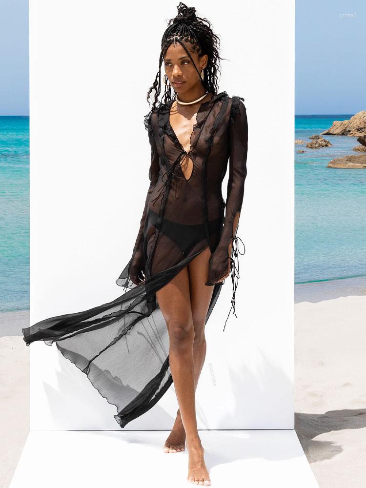 

Women' Swimwear Lorylei Spring Summer Elegant Side Split Beach Dress Cover Up Sexy V Neck Perspective Ruffle Drawstring Maxi Dresses Women, Blue