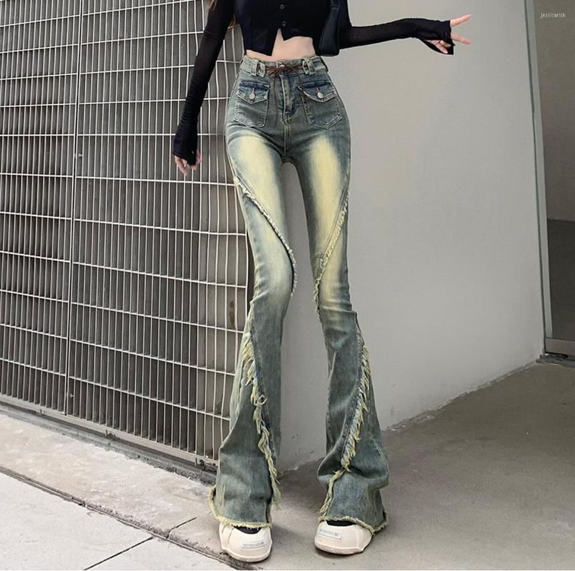 

Women' Jeans Locomotive Hip Hop Flare High Waist Design Fried Street Burrs For Women Pants Elastic Boyfriend Style Denim Pant Trousers, Army green