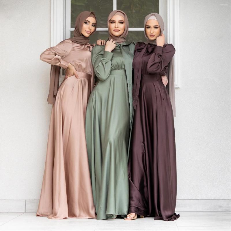 

Ethnic Clothing Muslim Satin Women Dress Arabic Abaya Elegant Long Sleeves Dubai Abayat Maxi Gowns Robe Mousseline De Soie Musulmane