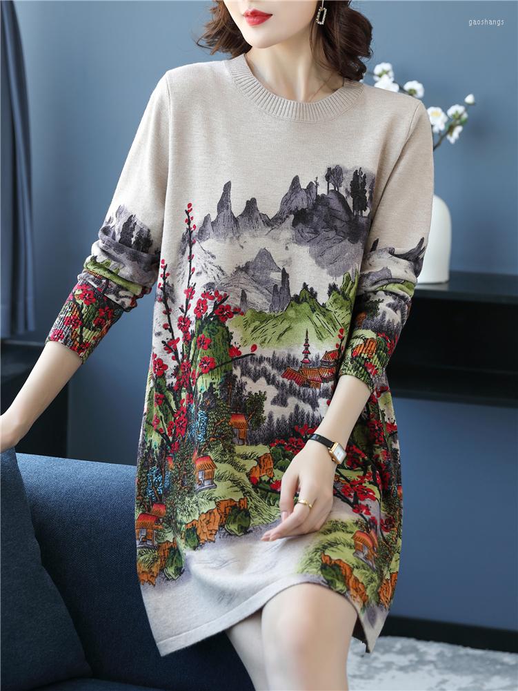 

Women's Sweaters Chinese Style Print Long Dress 2023 Spring Women Clothing Sleeve Top Femme Pullover Elasticity Sweater, Khaki